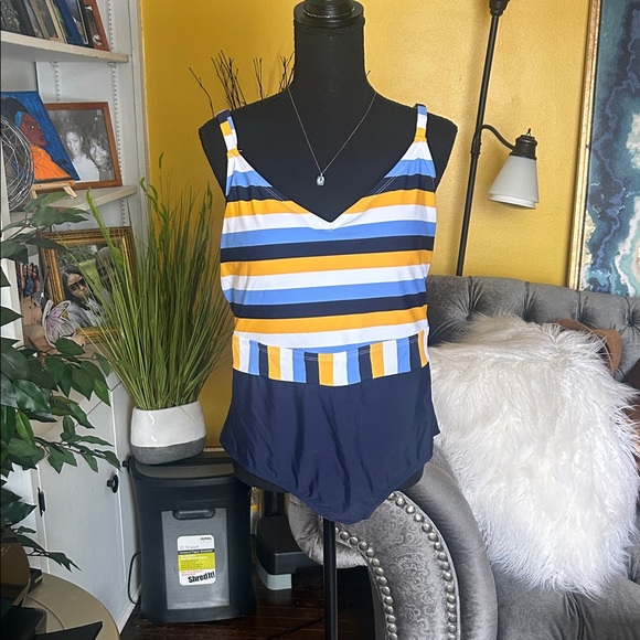 Kona Sol Blue and Yellow Striped One Piece - Picture 2 of 9
